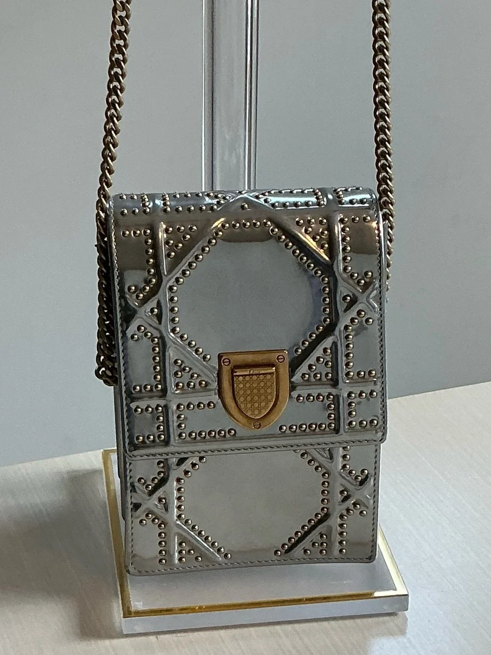 Authentic Christian Dior Diorama Vertical Clutch On Chain Studded Silver Leather